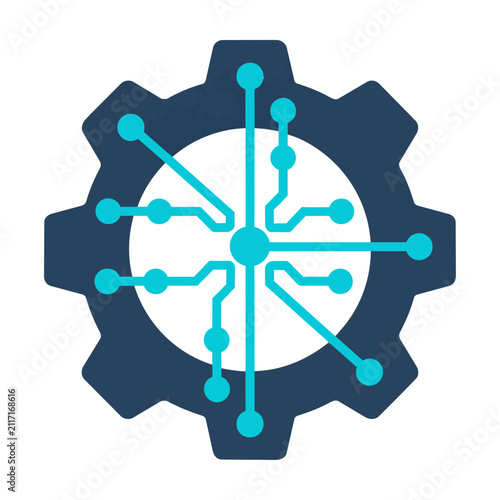 Minimalist icon of a mechanical gear integrated with geometric circuit lines and data nodes in navy and cyan against a white background technology concept