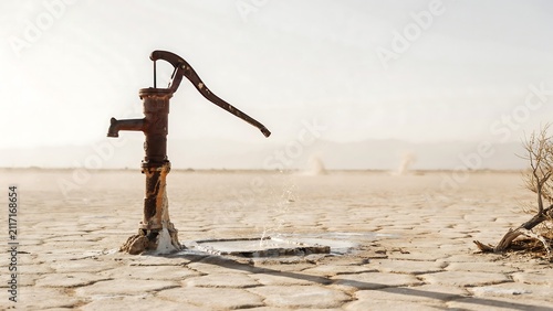 Old hand water pump on cracked dry land symbolizing drought and water scarcity