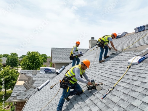 Roofers installing shingles on residential roof. Builders wearing safety harness and hard hat working on construction site. Professional roofing team house repair and renovation service.