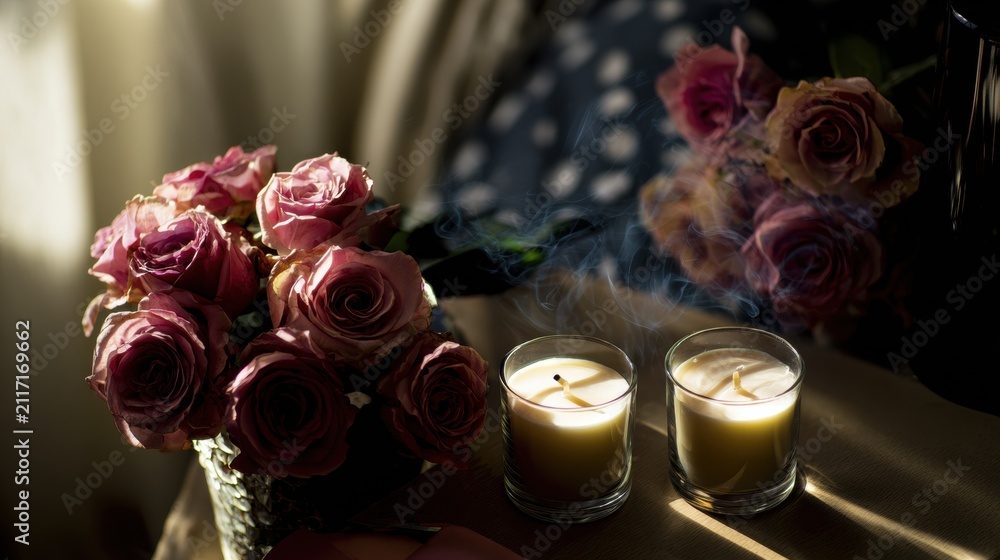 Obraz premium Roses and candles create a cozy atmosphere in a sunlit room