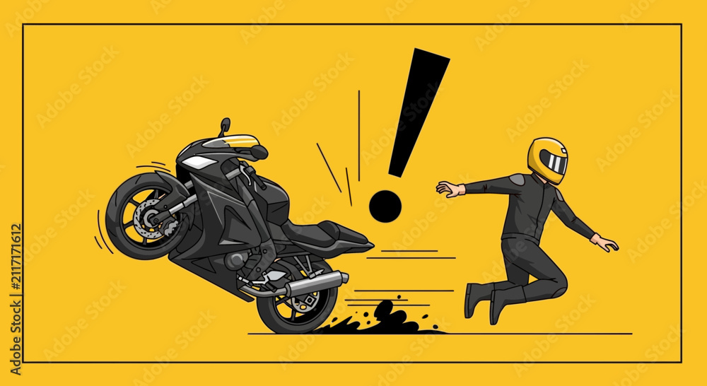 Obraz premium Motorcycle accident warning illustration of rider and black bike danger