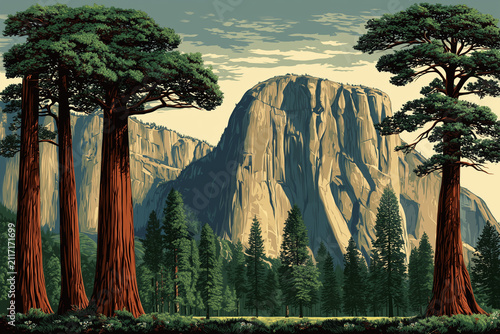 Sunlit Yosemite cliff framed by pine forest illustration