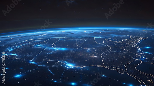 Earth at night showing illuminated United States with glowing blue network lines
