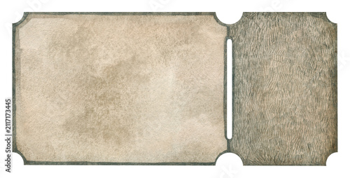 Vintage watercolor retro cinema ticket blank. Hand painted vintage coupon with space for text and tear-off. Illustration for event invitations, festival branding, greeting cards, and scrapbooking.