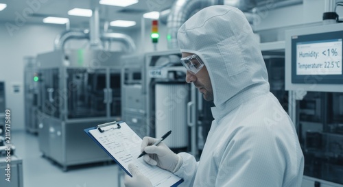 Operator documenting batch data in a lithiumion battery dryroom facility to track manufacturing consistency and environmental logs.