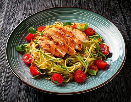 Grilled Chicken Breast with Zucchini Noodles, Cherry Tomatoes and Fresh Basil on Ceramic Plate