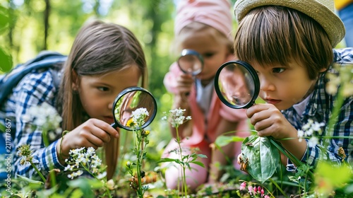 children exploring a nature trail with magnifying glasses, observing flowers, insects and leaves, outdoor education, curiosity, discovery, lush green forest, authentic adventure