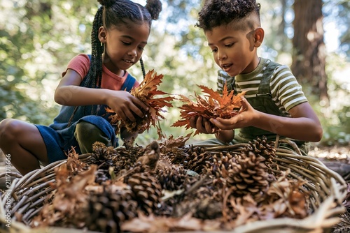 children collecting colorful autumn leaves and pinecones during a woodland nature walk, creativity, seasonal exploration, environmental learning, peaceful forest trail