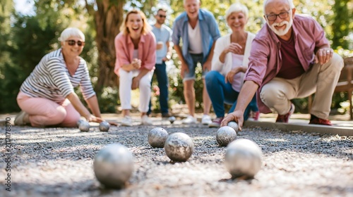 group of friends playing petanque in a shaded community park, metal balls rolling across gravel court, casual competition, joyful conversations, peaceful outdoor gathering