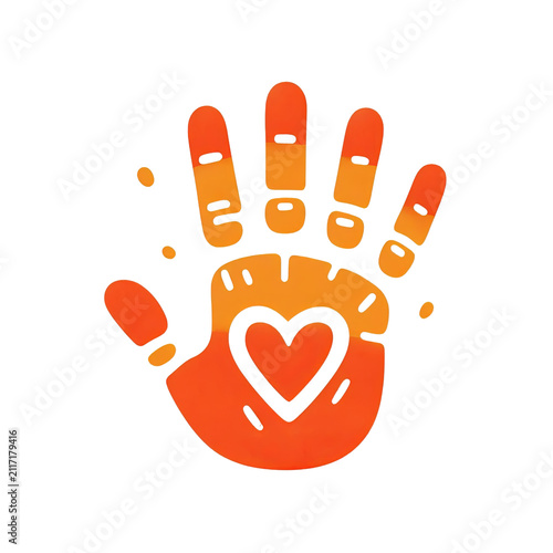 Orange handprint with a heart symbol inside, symbolizing love and care