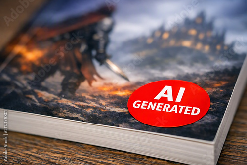 AI Generated sticker on fantasy book cover representing artificial intelligence replacing authors