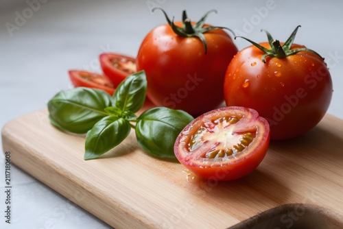 Fresh tomatoes with basil leaves on wooden cutting board