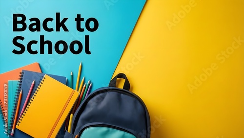 Flat Lay School Supplies with Blue Rucksack and Notebooks on Two Tone Background