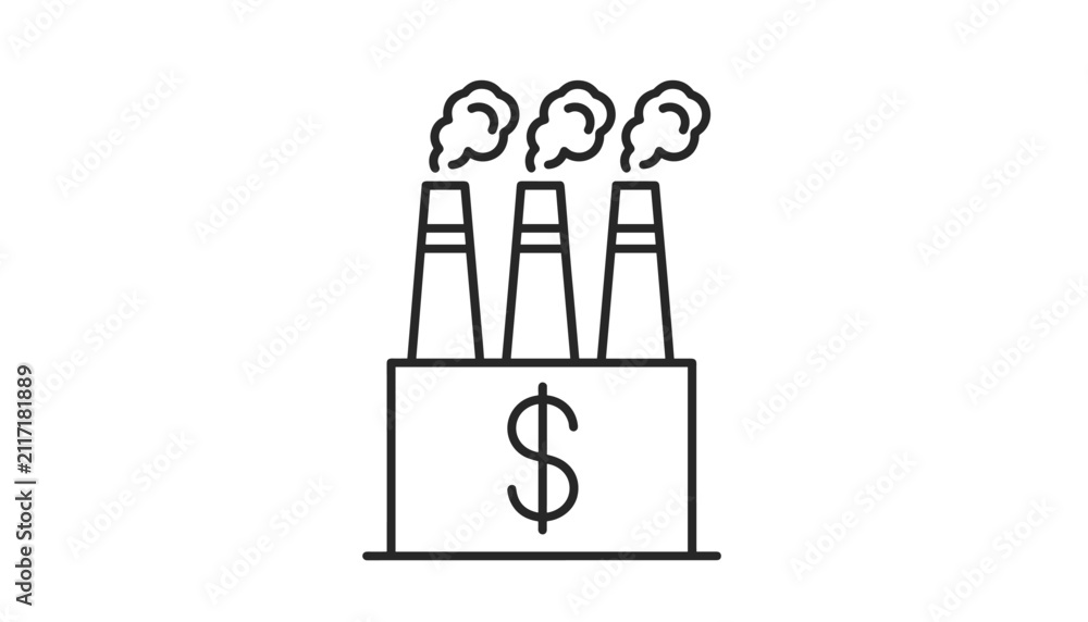 Fototapeta premium Line icon representing industrial capitalism with three factory chimneys emitting smoke shaped like dollar signs.