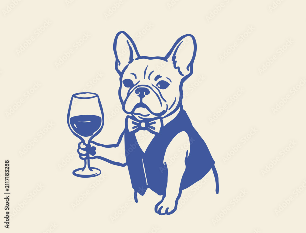 Obraz premium Vintage French Bulldog sommelier vector illustration, sophisticated dog wearing bowtie and vest holding wine glass, retro pet mascot character