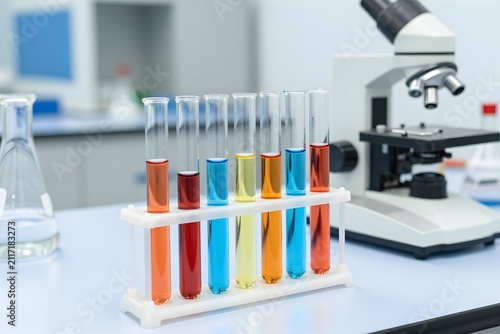 Laboratory glass tubes with colorful liquid samples and scientific equipment