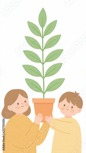 Children holding potted plant with green leaves, happy kids caring for nature and growth