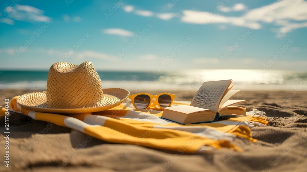 Obraz premium Relaxing beach accessories on the sand during a sunny summer bank holiday vacation by the ocean