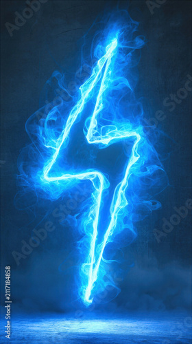 Electric blue lightning bolt glowing with smoke effect on dark background