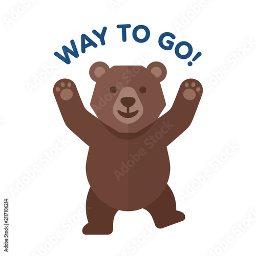 Pixelated cartoon bear celebrating with paws raised, text says 