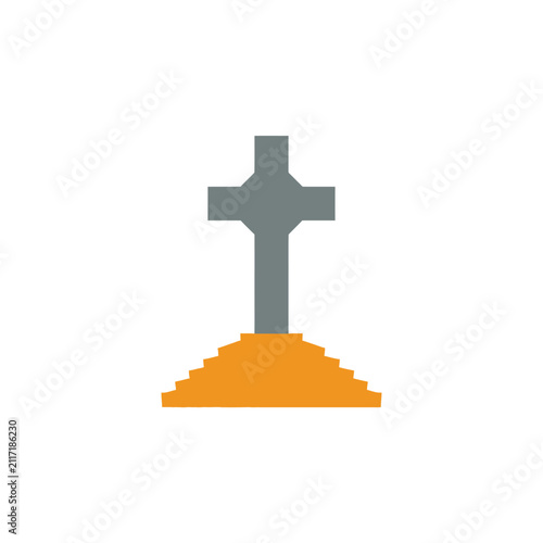 Pixelated Christian cross on a mound of earth, representing faith and remembrance