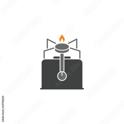 Portable camping stove with a lit blue flame, compact cooking equipment for outdoor adventures, camp kitchen essential