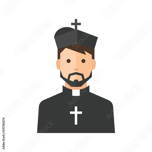 Priest in black clerical attire with a white cross emblem, wearing a black biretta with a small cross