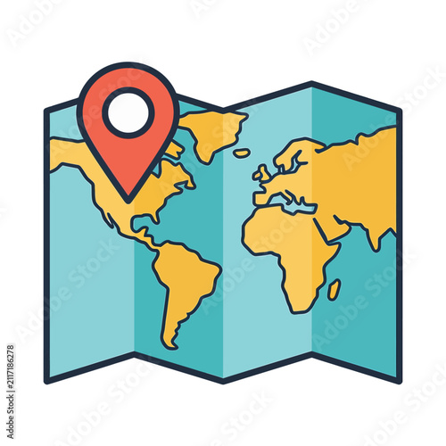 Pixelated world map with a red location pin, travel planning and navigation concept