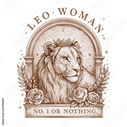 Artwork shows a lion with a crown and roses that represents a Leo woman in a creative style