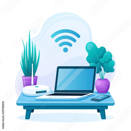 Workspace setup with plants, a laptop, and a WiFi router on a blue table during daytime hours