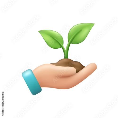 3D icon illustration of a human hand holding soil with a growing green plant sprout. Symbol of growth, ecology, environment protection, and care isolated on a white background.