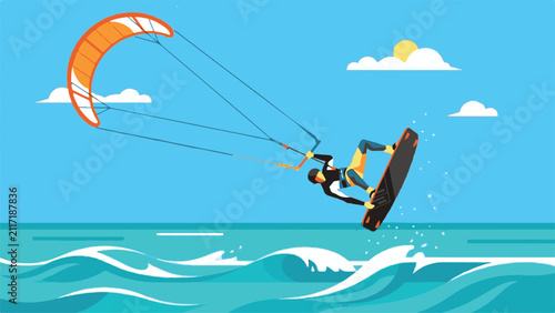 Kitesurfer jumps over ocean waves on a bright sunny day.