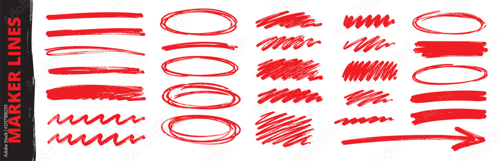 Fototapeta premium Red marker strokes, circles, arrows and highlight scribbles collection. Hand drawn emphasis marker vector elements for notes, presentations and graphic design.