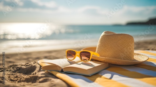 Relaxing on the beach during a sunny summer bank holiday with a book and straw hat