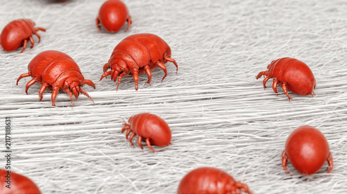 Red dust mite crawling on white fabric surface close up macro view
