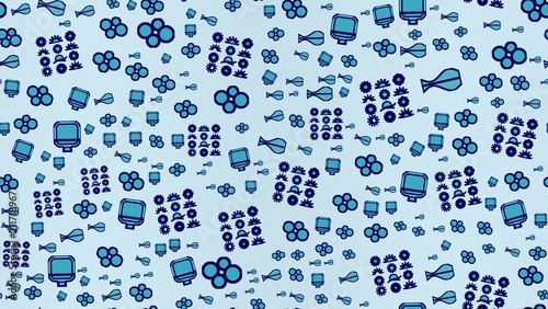 Abstract Blue Pattern with Geometric Shapes and Floral Elements