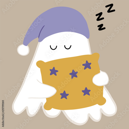 Sleepy ghost wearing a purple nightcap and hugging a star pillow, perfect for nursery prints, bedtime cards