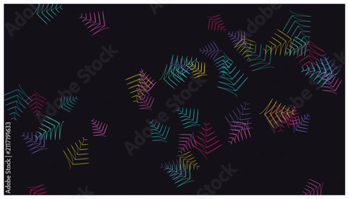 Colorful linear leaf branch patterns on dark navy blue artistic background.