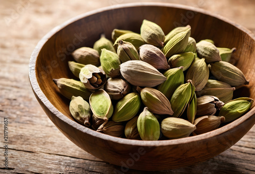 Green cardamom pods in a ru...