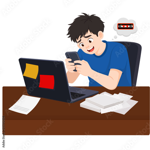 Young Man Playing Mobile Game at Desk