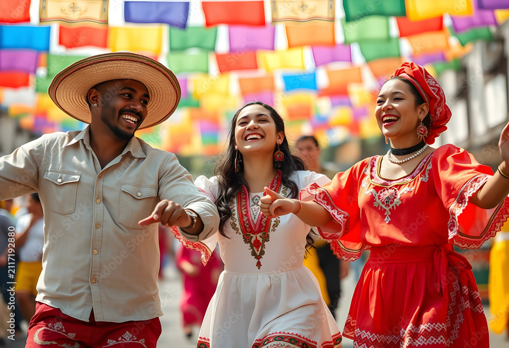 Obraz premium Three happy people in traditional attire dancing outdoors under colorful festive banners, celebrating culture and community