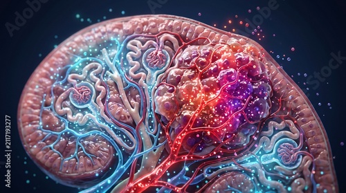 Human kidney anatomy with localized infection or pathological tissue degradation pathology biological infection inflammation