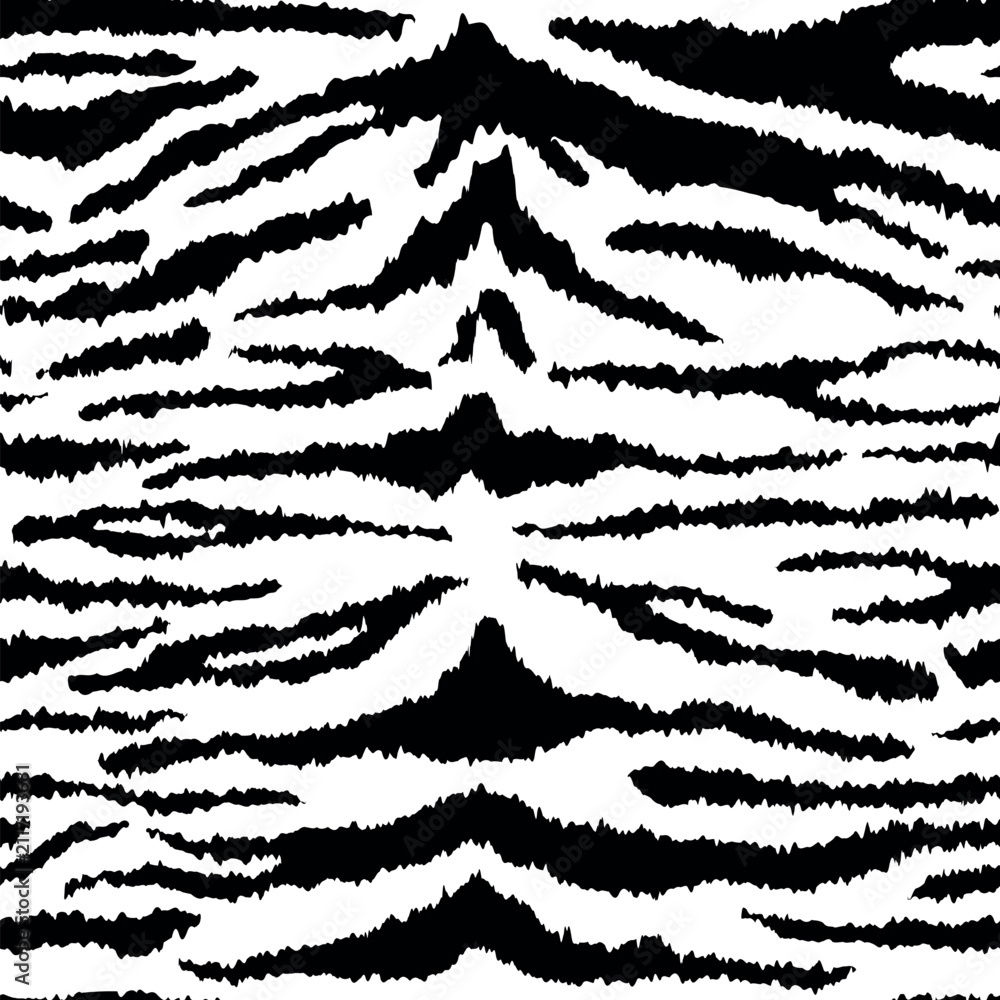 Obraz premium Tiger black white leather seamless pattern. Vector wild animal skin detailed texture, black striped fur print on white background. Abstract jungle safari texture for fabric, decor, fashion, textile.