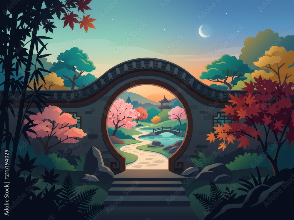 Obraz premium Traditional Asian garden with circular moon gate stone archway cherry blossom trees and pagoda at sunset illustration