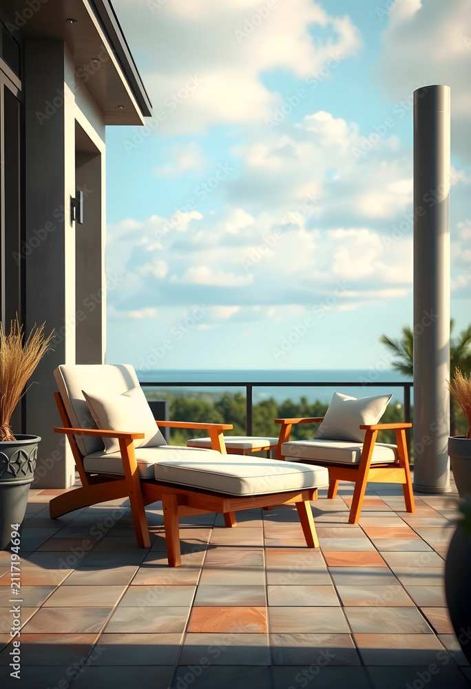 Obraz premium Outdoor patio with modern wooden lounge chairs and ottoman overlooking a serene ocean view under a blue sky, Bright blue sky with scattered clouds, a pleasant day for leisure