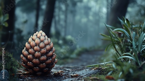 Large pine cone on forest path, misty morning.