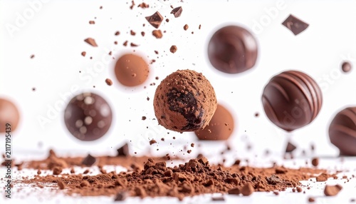 Gourmet Chocolate Truffles Levitation Display with Cocoa Powder Dusting and Falling Pieces on White Background