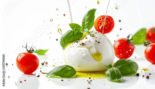 Fresh Italian burrata cheese with cherry tomatoes, basil leaves, and olive oil splashing in mid-air on a white background