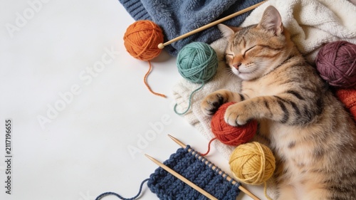 Adorable tabby cat sleeping peacefully while hugging a red yarn ball surrounded by colorful wool balls and knitting needles. Cat playing with yarn ball theme for Domestic Animal Day.