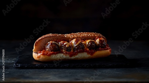 Meatball sub sandwich on dark background.